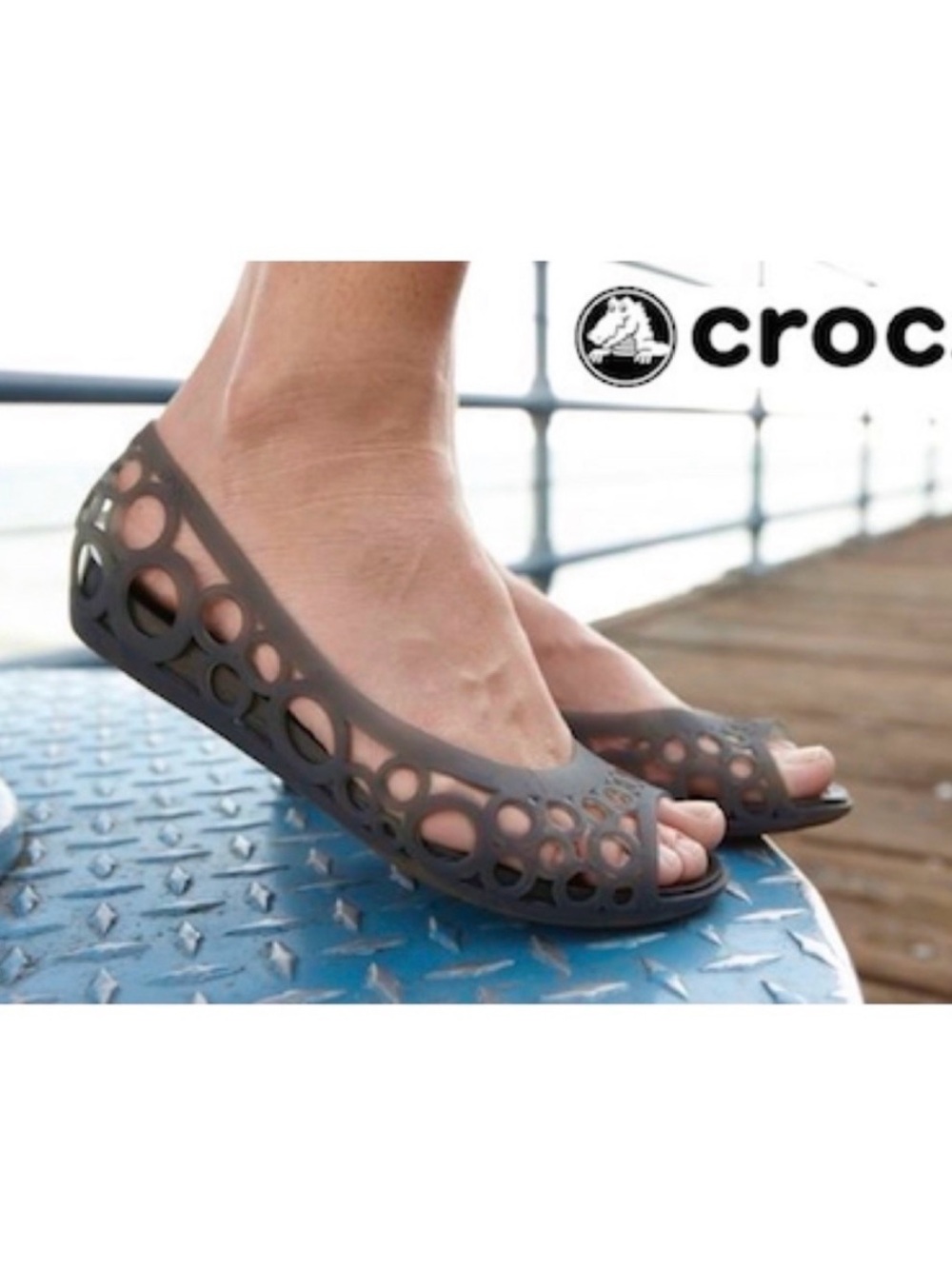 CROCS Women's gray/off-black Laser-Cut open toe Adrian Ballet Flat